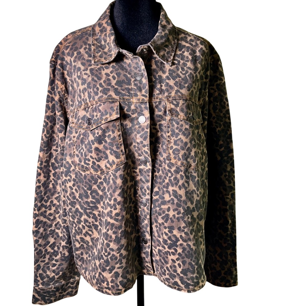 NWT Express Leopard AnimalPrint Denim Jean Jacket XXL Brown Button Front Trucker